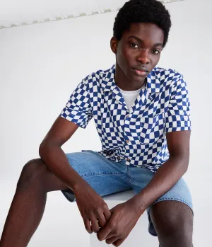 Aeropostale Mens' Checker Print Camp Shirt - Navy Blue - Size M - Viscose - Teen Fashion & Clothing Indigo Ink Aeropostale