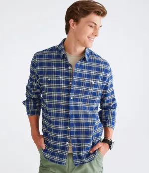 Aeropostale Mens' Long Sleeve Relaxed Plaid Oxford Shirt - Blue - Size XXL - Cotton - Teen Fashion & Clothing Seaside Blue Aeropostale