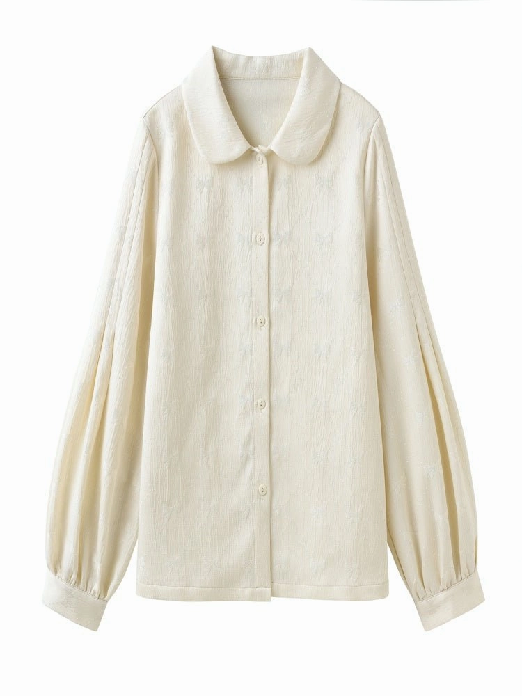 Doll Collar Lantern Sleeves Ribbon Jacquard Shirts【s0000000882】
