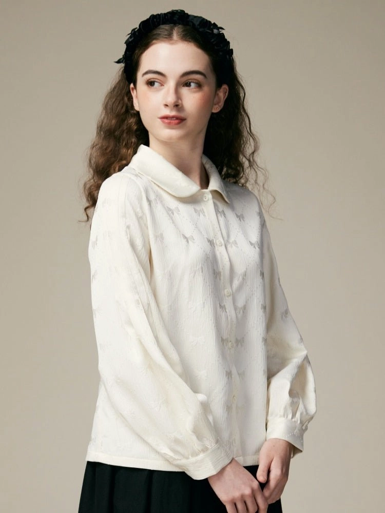 Doll Collar Lantern Sleeves Ribbon Jacquard Shirts【s0000000882】
