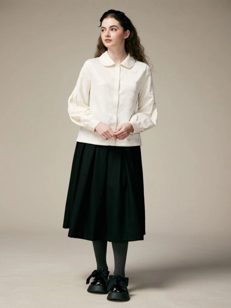 Doll Collar Lantern Sleeves Ribbon Jacquard Shirts【s0000000882】