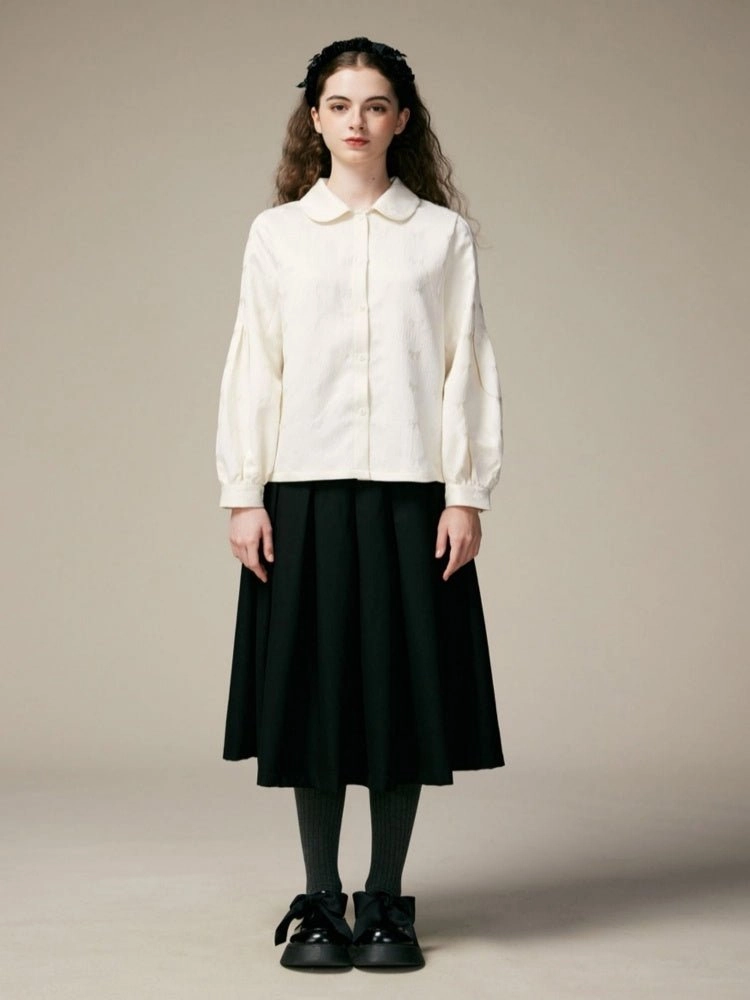 Doll Collar Lantern Sleeves Ribbon Jacquard Shirts【s0000000882】