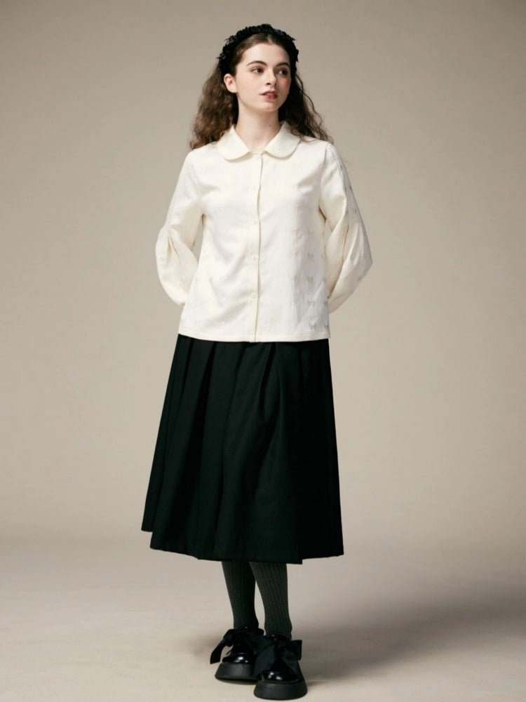 Doll Collar Lantern Sleeves Ribbon Jacquard Shirts【s0000000882】