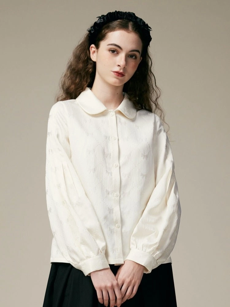 Doll Collar Lantern Sleeves Ribbon Jacquard Shirts【s0000000882】