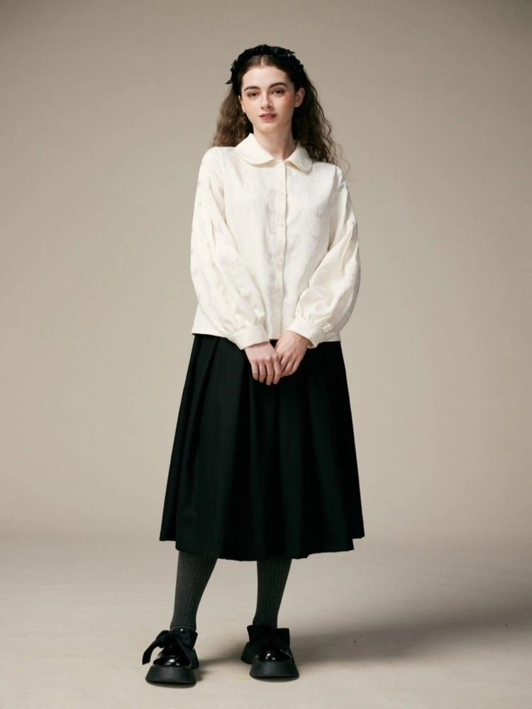 Doll Collar Lantern Sleeves Ribbon Jacquard Shirts【s0000000882】
