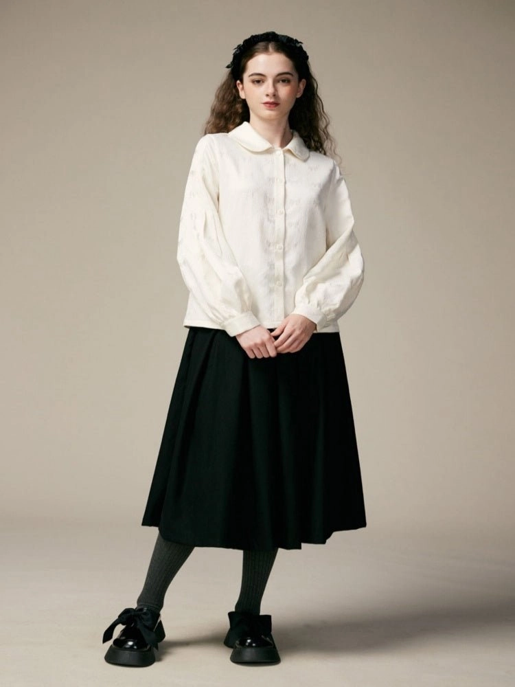 Doll Collar Lantern Sleeves Ribbon Jacquard Shirts【s0000000882】