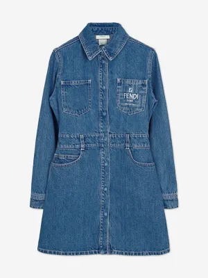 Fendi Girls Denim FF Logo Hemdkleid in Blau