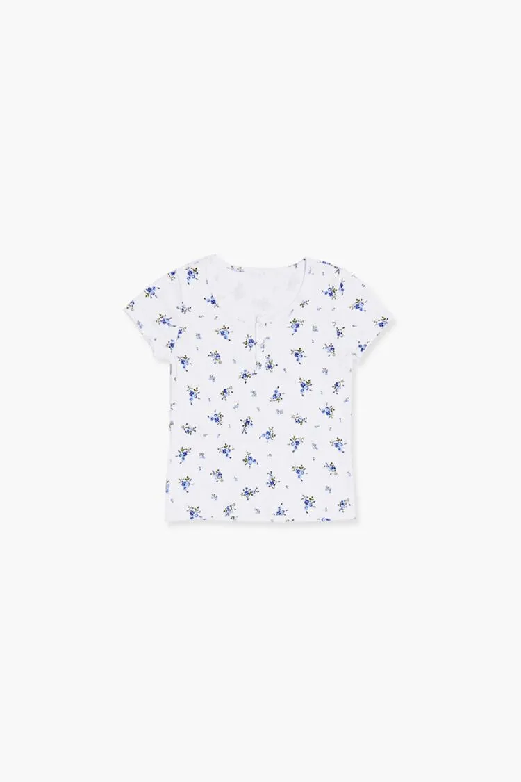 Forever 21 Mädchen Blumenmuster Henley T-Shirt (Kinder) Weiß/Mehrfarbig Forever 21