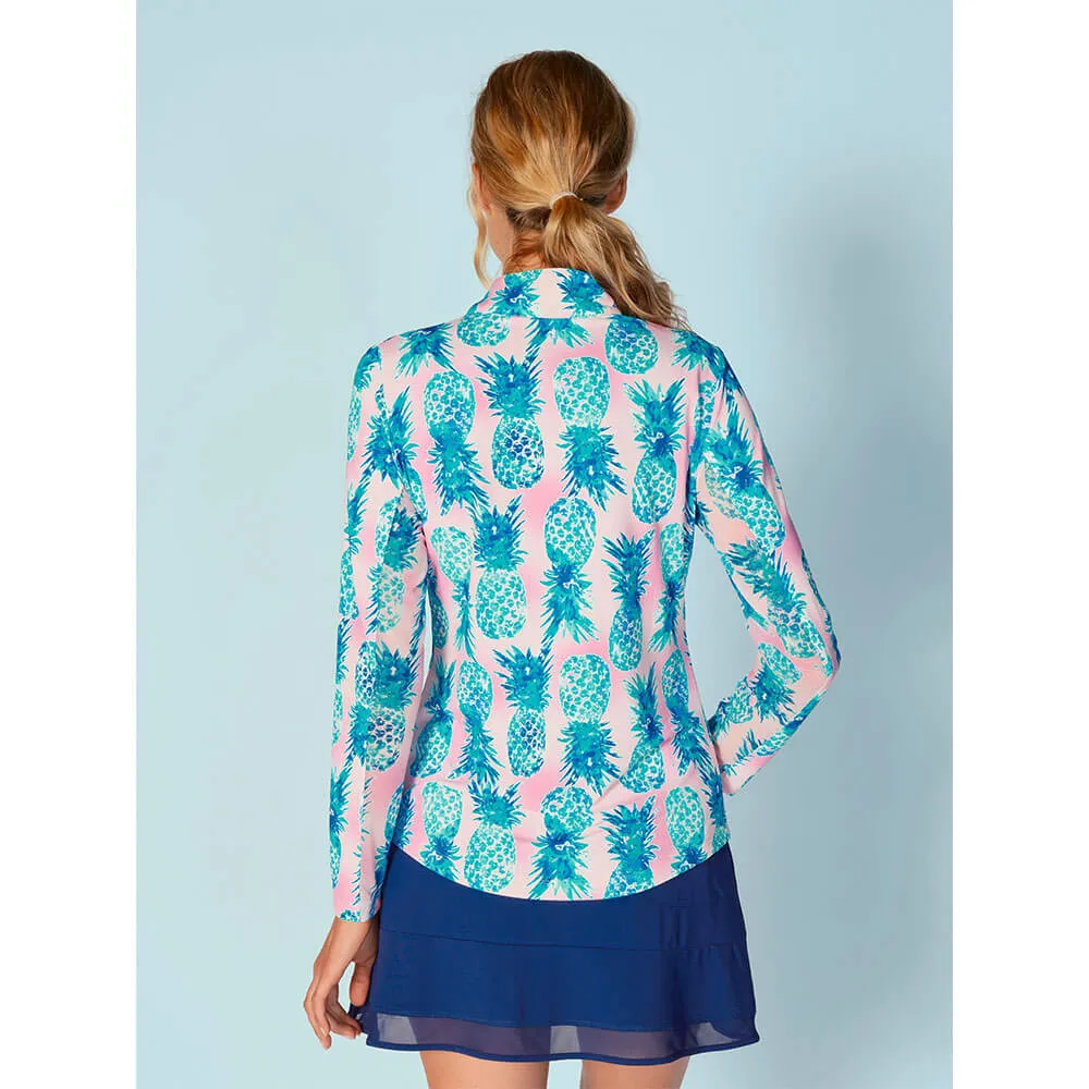 G Lifestyle Ananas Long Sleeve Zip Mock Neck Top - Aqua G Lifestyle Clothing