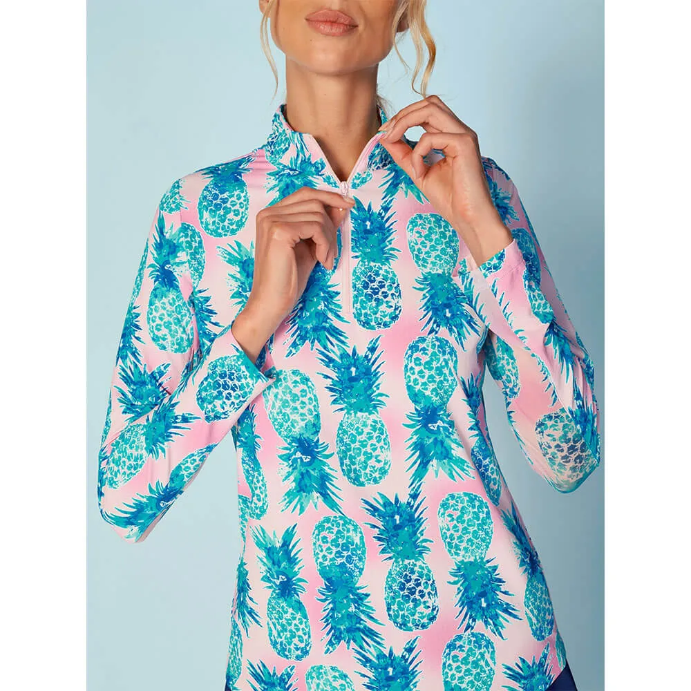 G Lifestyle Ananas Long Sleeve Zip Mock Neck Top - Aqua G Lifestyle Clothing