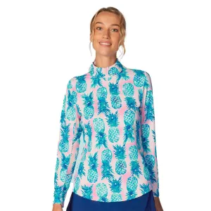 G Lifestyle Ananas Long Sleeve Zip Mock Neck Top - Aqua G Lifestyle Clothing