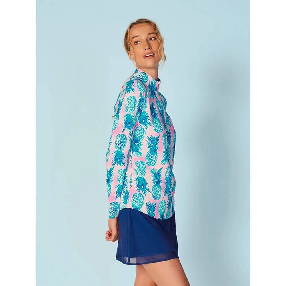 G Lifestyle Ananas Long Sleeve Zip Mock Neck Top - Aqua G Lifestyle Clothing