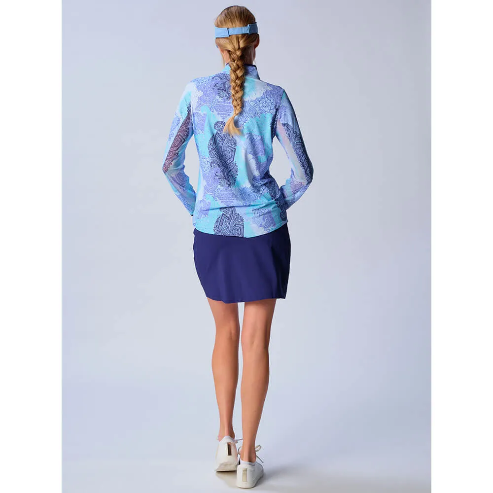 G Lifestyle Long Sleeve Collar Block Zip Mock Neck Top - Blue Paisley/True Navy G Lifestyle Clothing