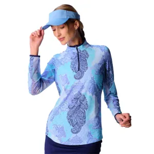 G Lifestyle Long Sleeve Collar Block Zip Mock Neck Top - Blue Paisley/True Navy G Lifestyle Clothing