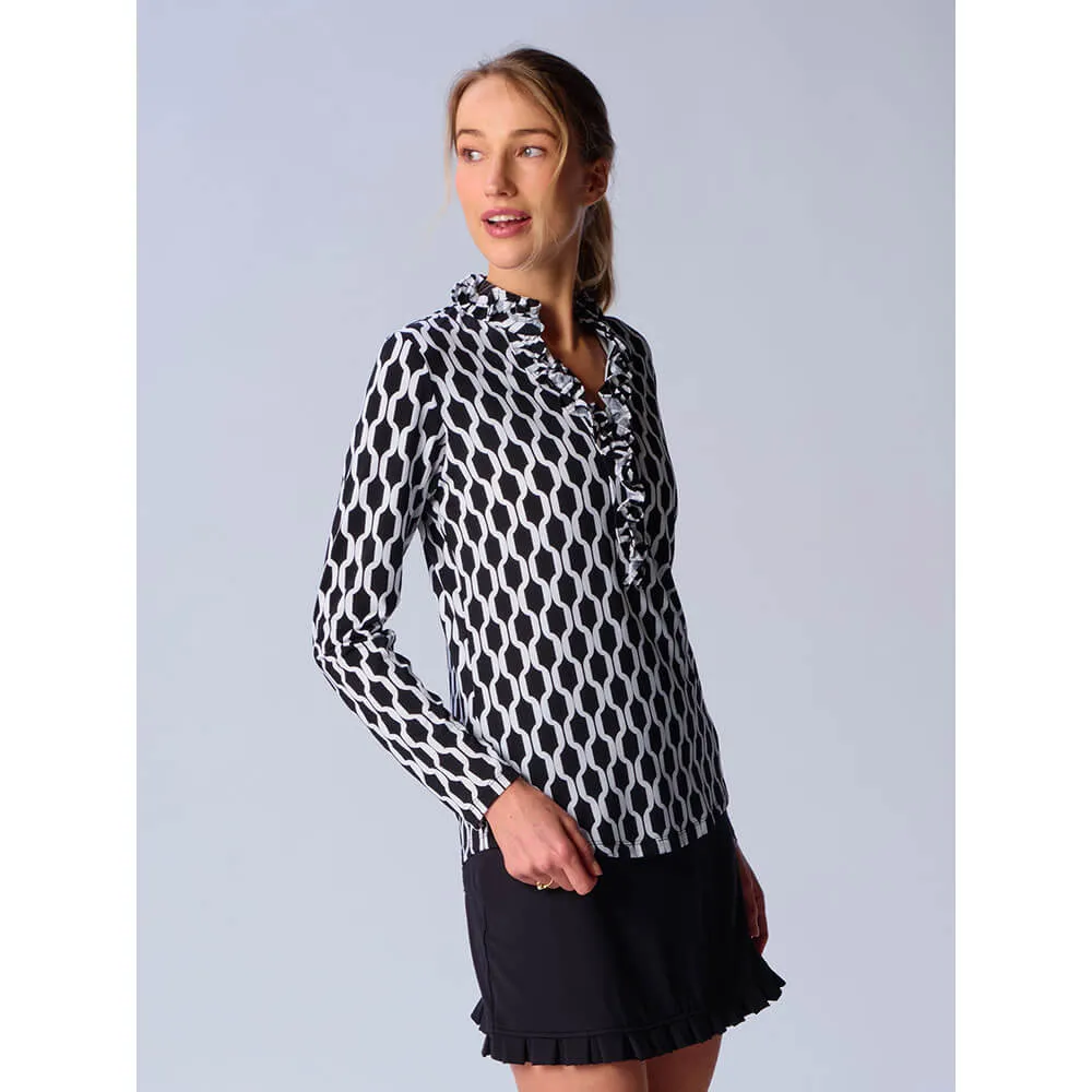 G Lifestyle Long Sleeve Print Double Ruffle Top - Black Geo G Lifestyle Clothing