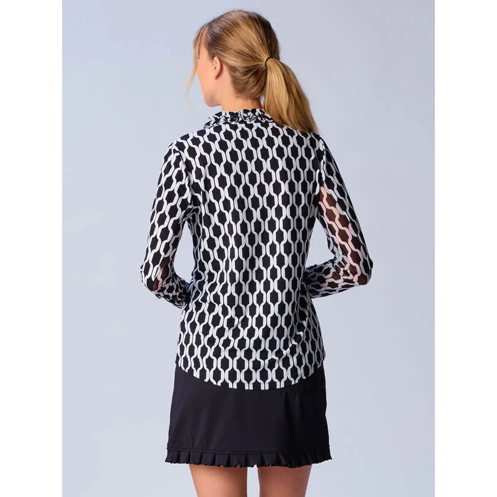 G Lifestyle Long Sleeve Print Double Ruffle Top - Black Geo G Lifestyle Clothing