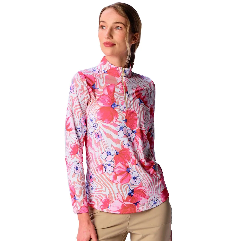 G Lifestyle Long Sleeve Print Zip Mock Neck Top - Beige Zebra G Lifestyle Clothing