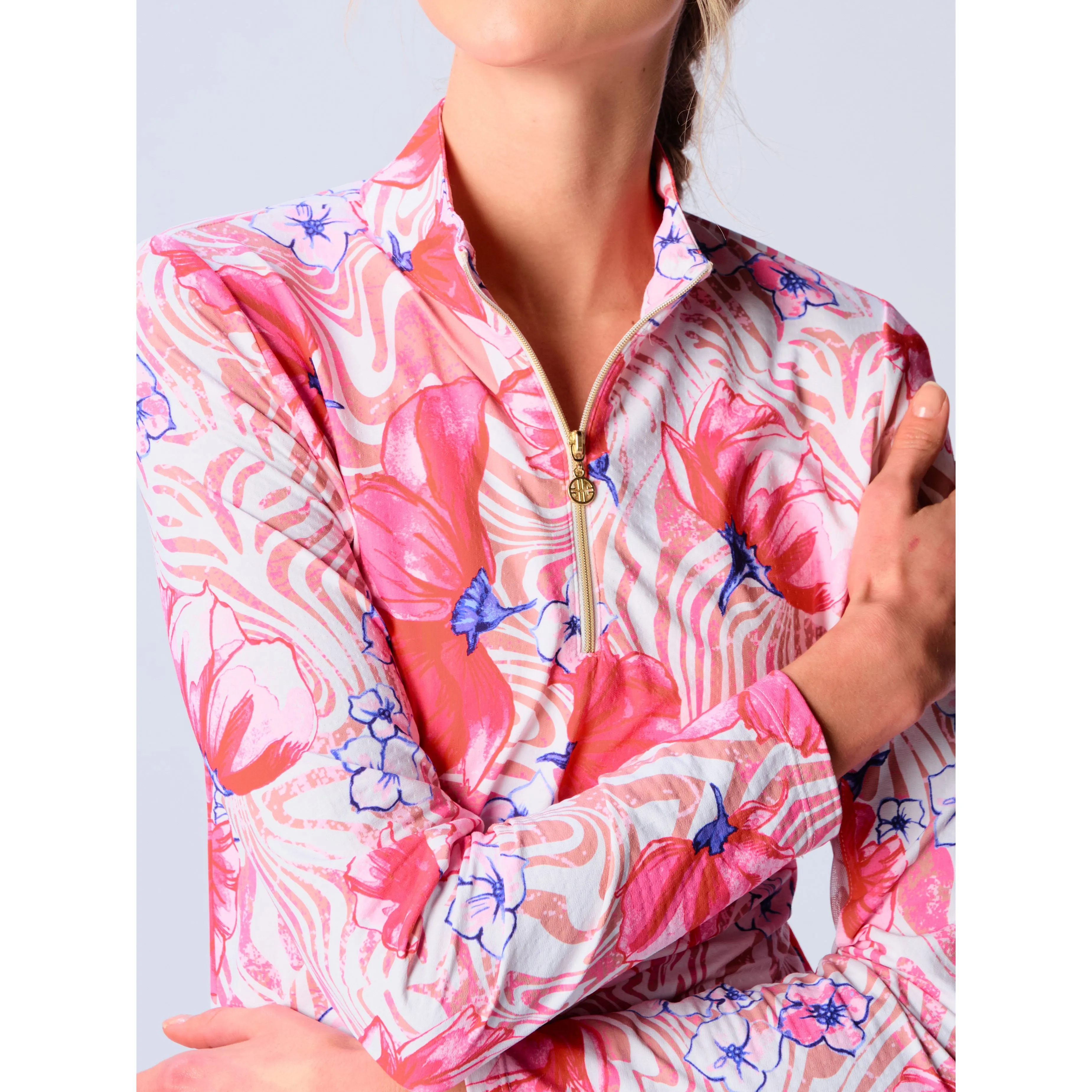 G Lifestyle Long Sleeve Print Zip Mock Neck Top - Beige Zebra G Lifestyle Clothing