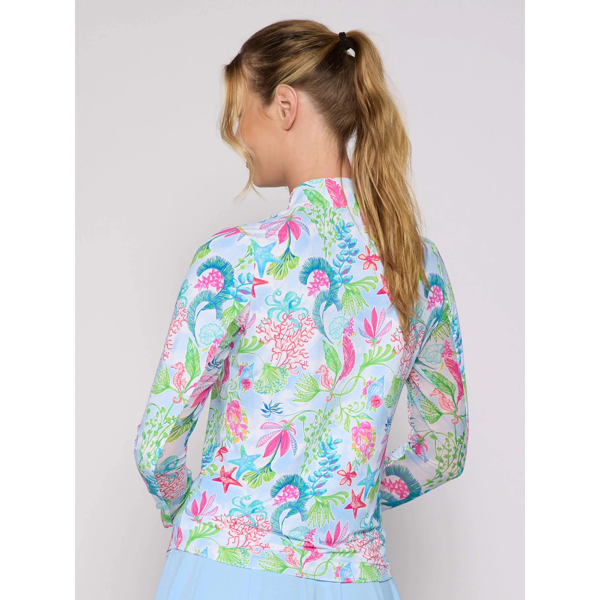 G Lifestyle Long Sleeve Print Zip Mock Neck Top - Lt.Blue Sea G Lifestyle Clothing