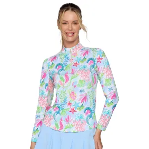 G Lifestyle Long Sleeve Print Zip Mock Neck Top - Lt.Blue Sea G Lifestyle Clothing