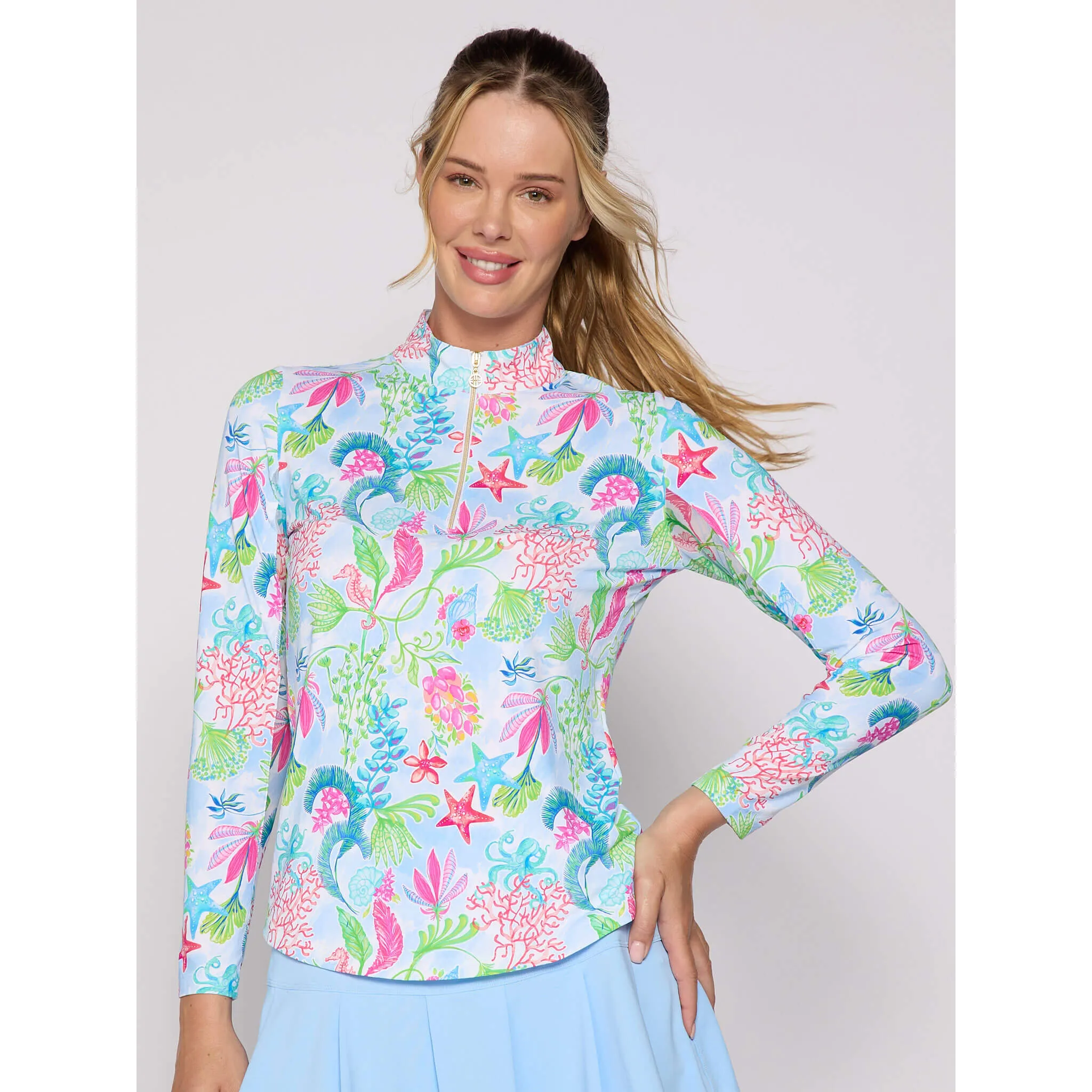 G Lifestyle Long Sleeve Print Zip Mock Neck Top - Lt.Blue Sea G Lifestyle Clothing