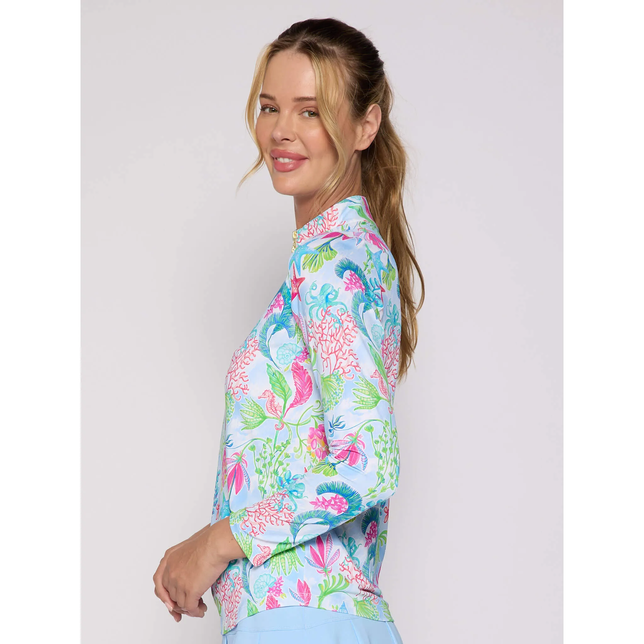 G Lifestyle Long Sleeve Print Zip Mock Neck Top - Lt.Blue Sea G Lifestyle Clothing