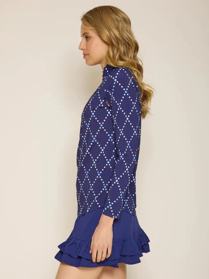 G Lifestyle Long Sleeve Print Zip Mock Neck Top - Navy Diamond Geo G Lifestyle Clothing
