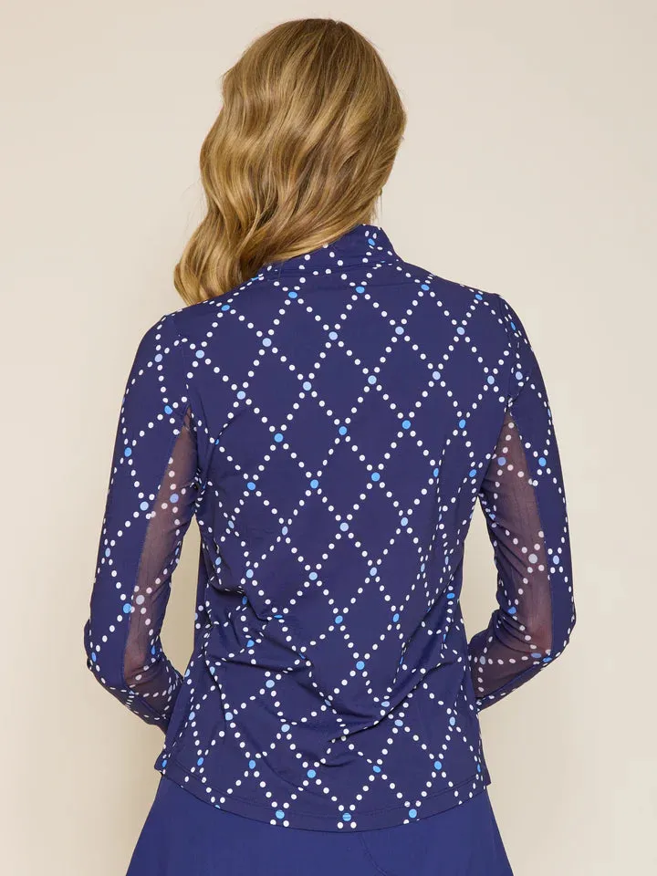 G Lifestyle Long Sleeve Print Zip Mock Neck Top - Navy Diamond Geo G Lifestyle Clothing