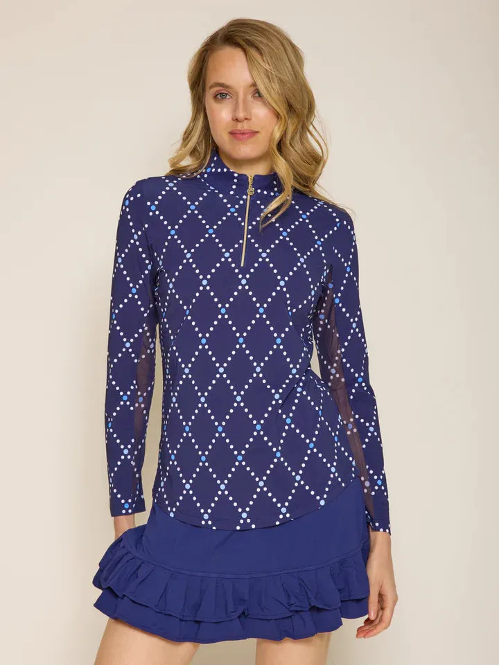 G Lifestyle Long Sleeve Print Zip Mock Neck Top - Navy Diamond Geo G Lifestyle Clothing