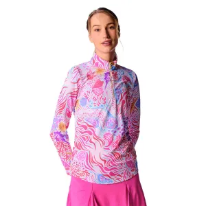G Lifestyle Long Sleeve Print Zip Mock Neck Top - Pink Sea Wave G Lifestyle Clothing