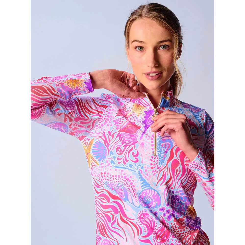 G Lifestyle Long Sleeve Print Zip Mock Neck Top - Pink Sea Wave G Lifestyle Clothing