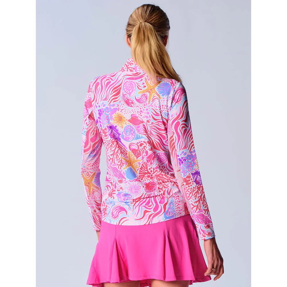 G Lifestyle Long Sleeve Print Zip Mock Neck Top - Pink Sea Wave G Lifestyle Clothing