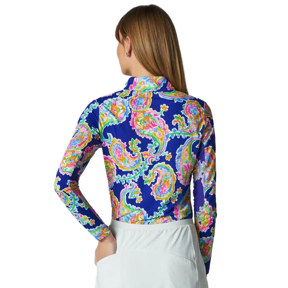 G Lifestyle Paisley Long Sleeve Zip Mock Neck Top - Blue G Lifestyle Clothing