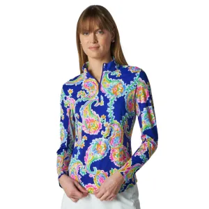 G Lifestyle Paisley Long Sleeve Zip Mock Neck Top - Blue G Lifestyle Clothing