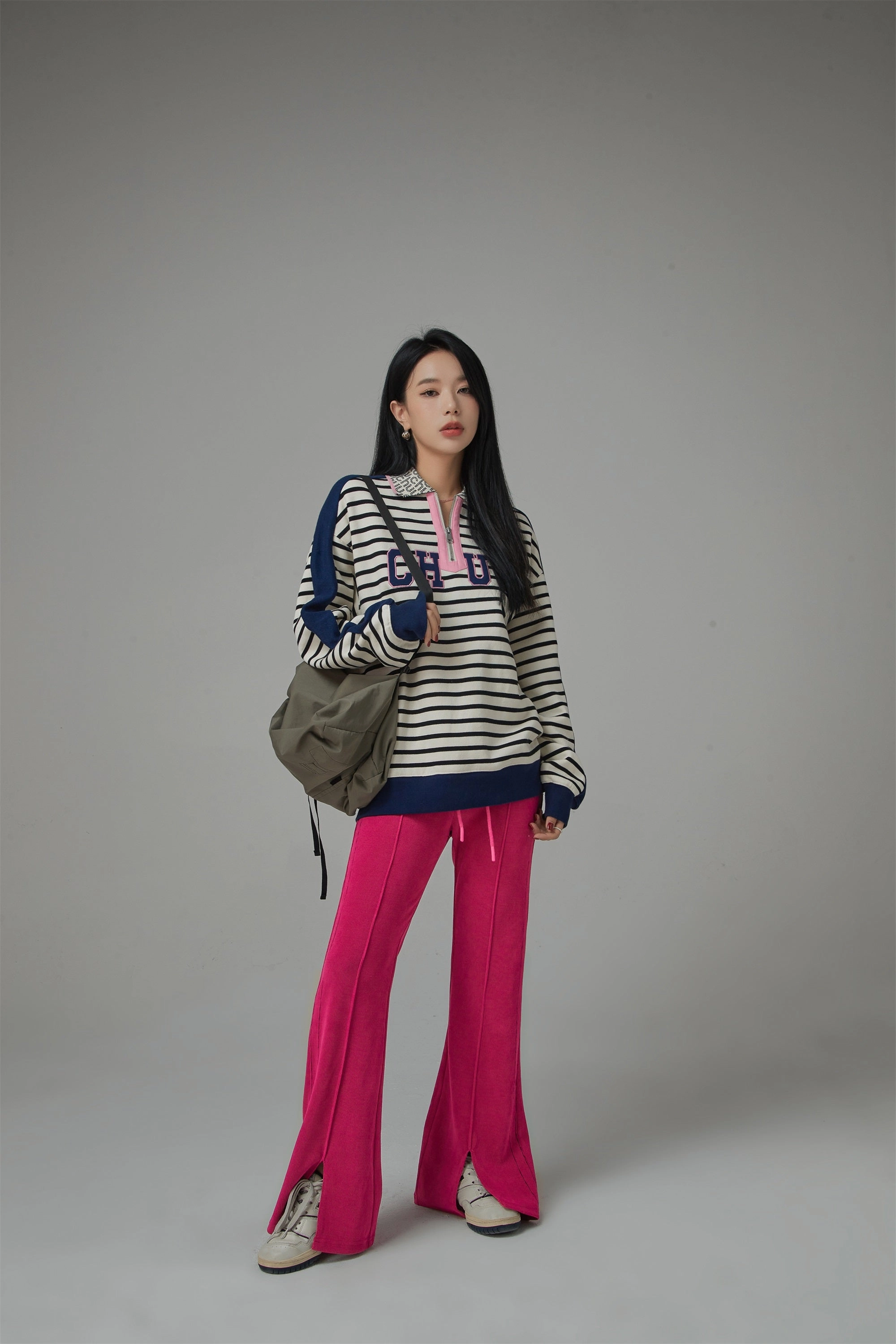 I Like You Half Zip-Up Color Stripe Sweatshirt