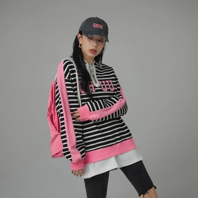 I Like You Half Zip-Up Color Stripe Sweatshirt