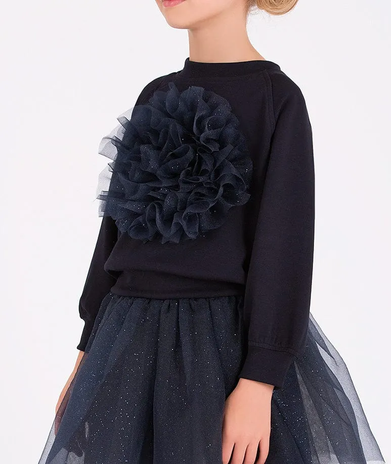 Mama Luma Girls Organza Blumen Sweatshirt in Marineblau