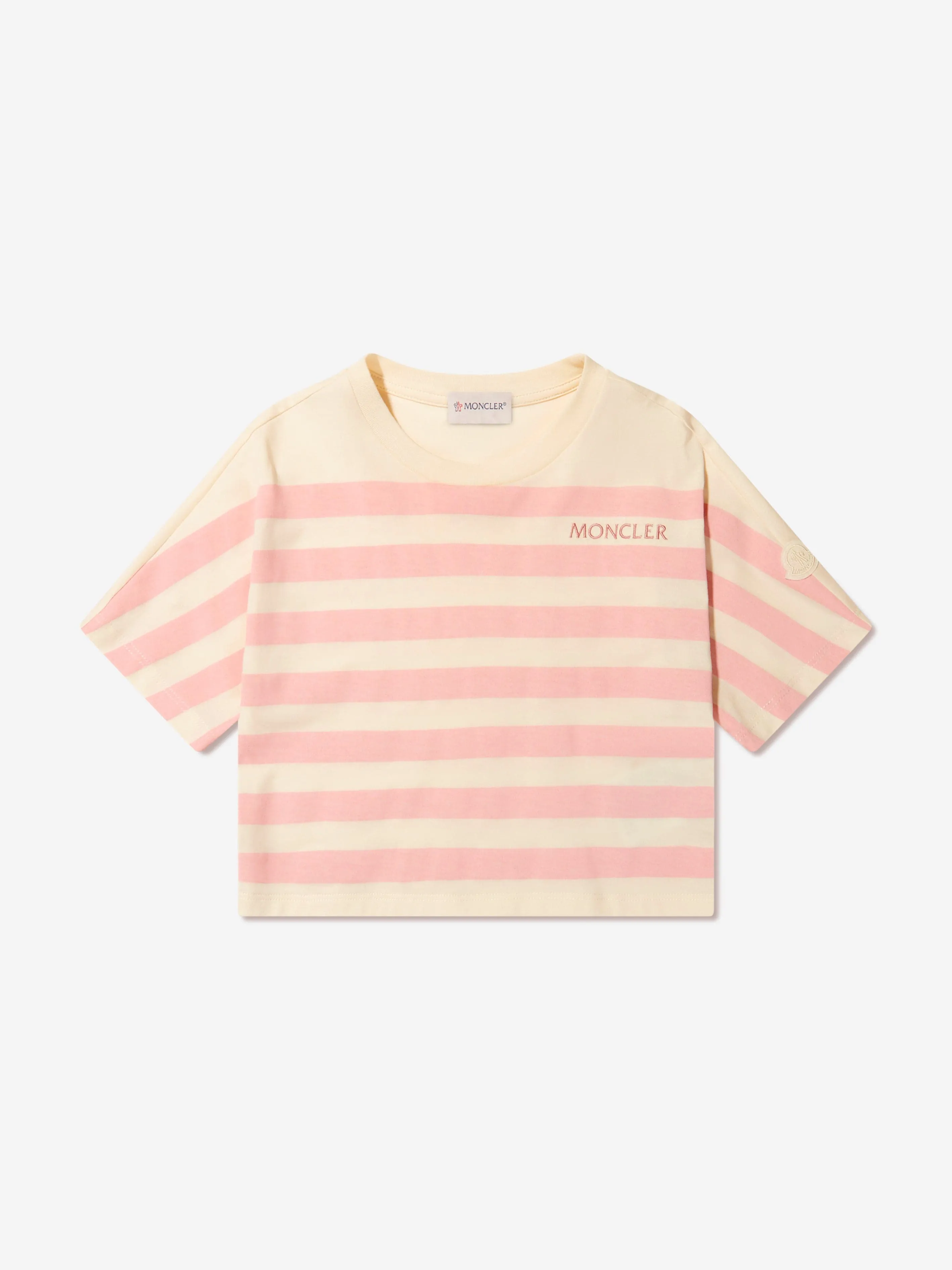 Moncler Enfant Mädchen Gestreiftes Logo T-Shirt in Creme