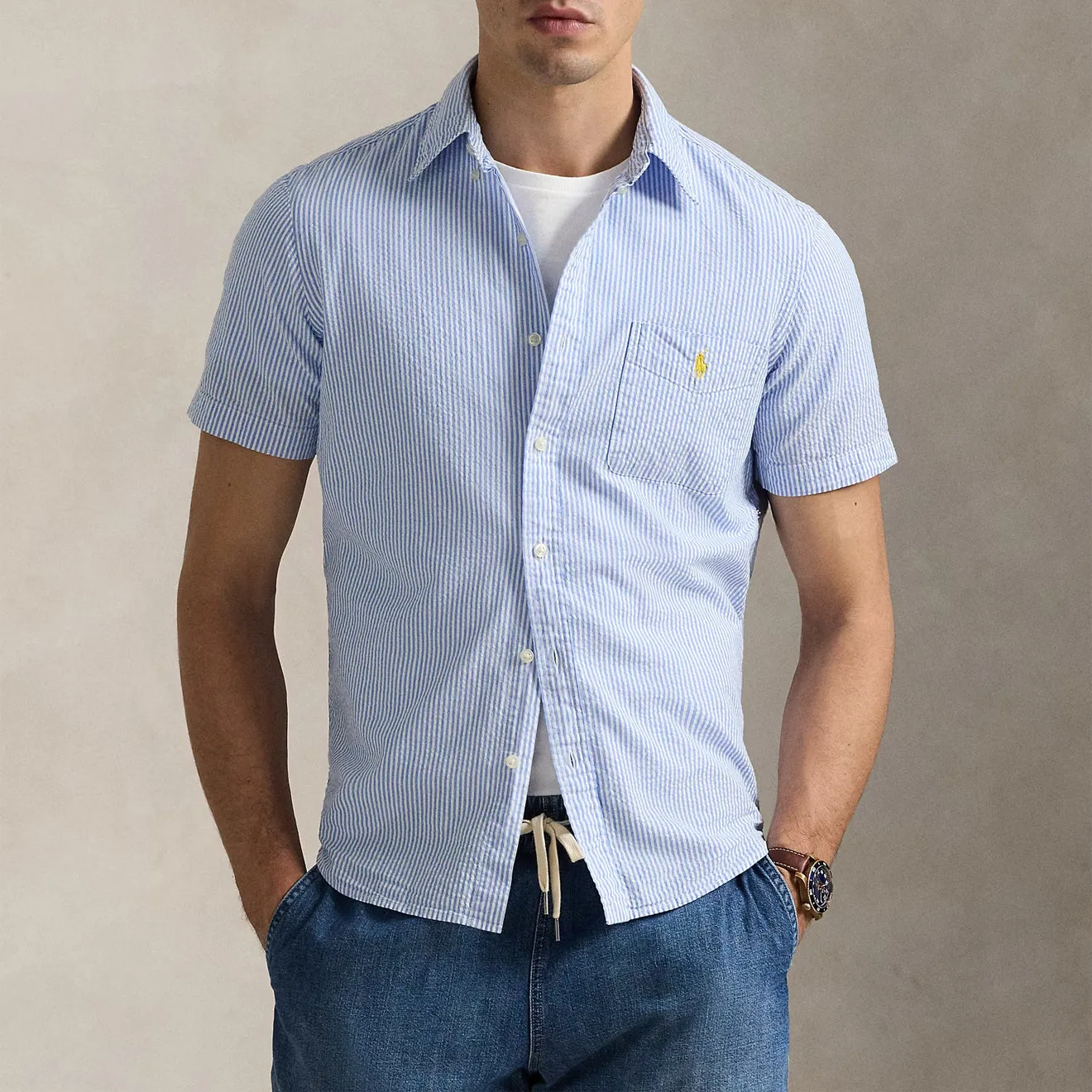 Polo Ralph Lauren Short Sleeve Sport Shirt Custom Blue / White