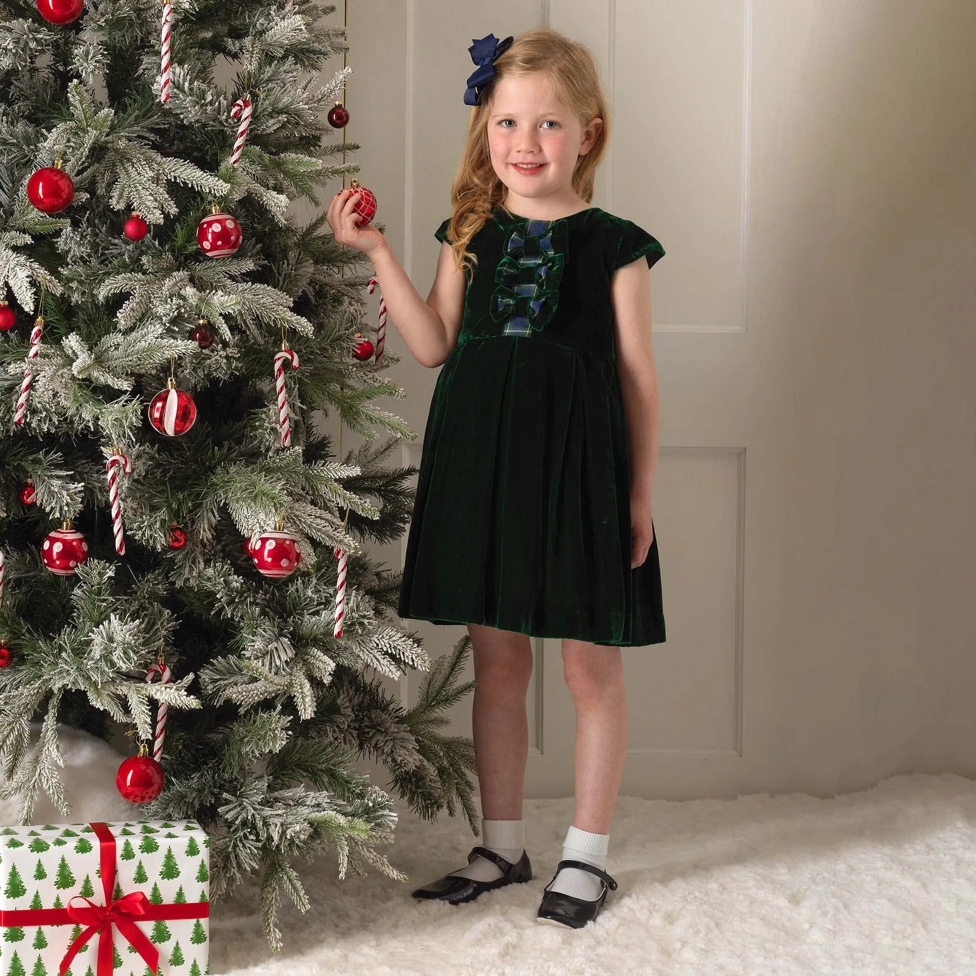 Rachel Riley Mädchen Tartan Schleife Samtkleid in Grün