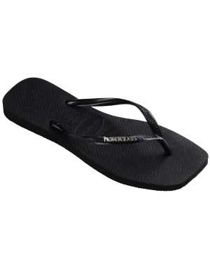 Square Logo Metallic Flip Flops in Black & Silver
