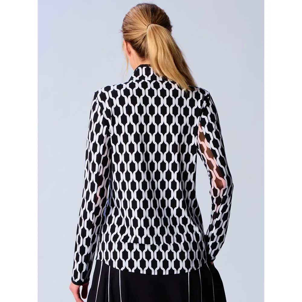 Womens G-Lifestyle G Lifestyle Long Sleeve Collar Block Zip Mock Neck Top - Black Geo/Black