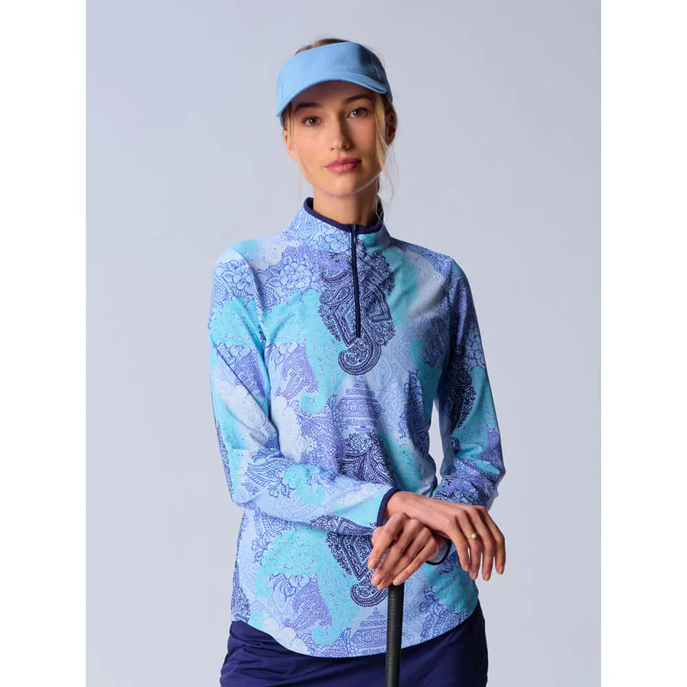 Womens G-Lifestyle G Lifestyle Long Sleeve Collar Block Zip Mock Neck Top - Blue Paisley/True Navy