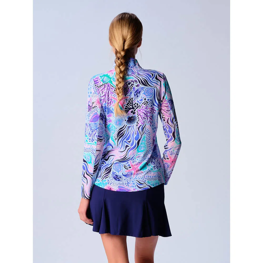 Womens G-Lifestyle G Lifestyle Long Sleeve Print Zip Mock Neck Top - Blue Sea Wave