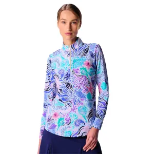Womens G-Lifestyle G Lifestyle Long Sleeve Print Zip Mock Neck Top - Blue Sea Wave