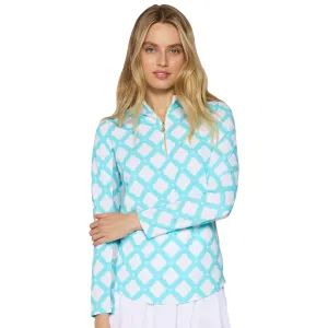 Womens G-Lifestyle G Lifestyle Long Sleeve Print Zip Mock Neck Top - Circle Geo Carib Turq