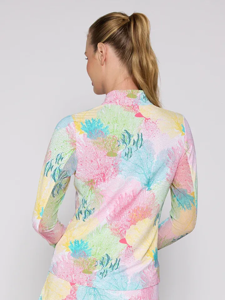 Womens G-Lifestyle G Lifestyle Long Sleeve Print Zip Mock Neck Top - Multi Coral