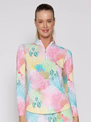 Womens G-Lifestyle G Lifestyle Long Sleeve Print Zip Mock Neck Top - Multi Coral
