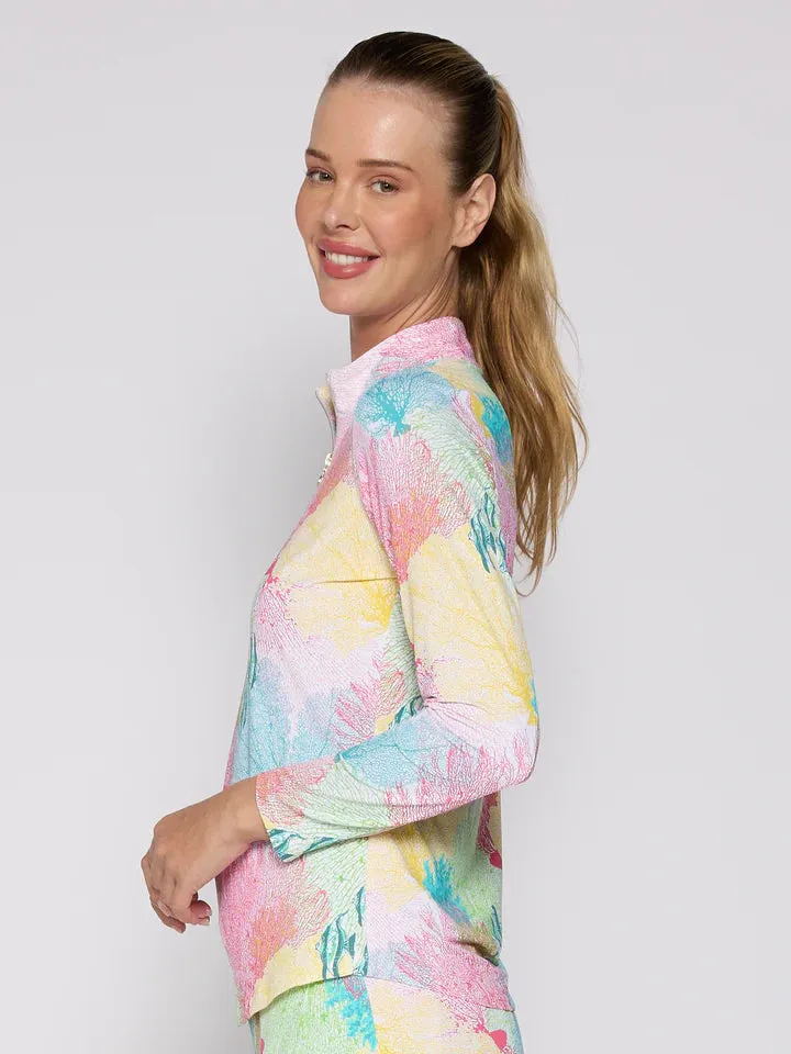 Womens G-Lifestyle G Lifestyle Long Sleeve Print Zip Mock Neck Top - Multi Coral