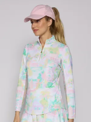 Womens G-Lifestyle G Lifestyle Long Sleeve Print Zip Mock Neck Top - Pastel Village